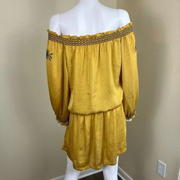 Uncle Frank Women's Size M Yellow Embroidered Satin Pullover Mini Dress Boho - Picture 7 of 14